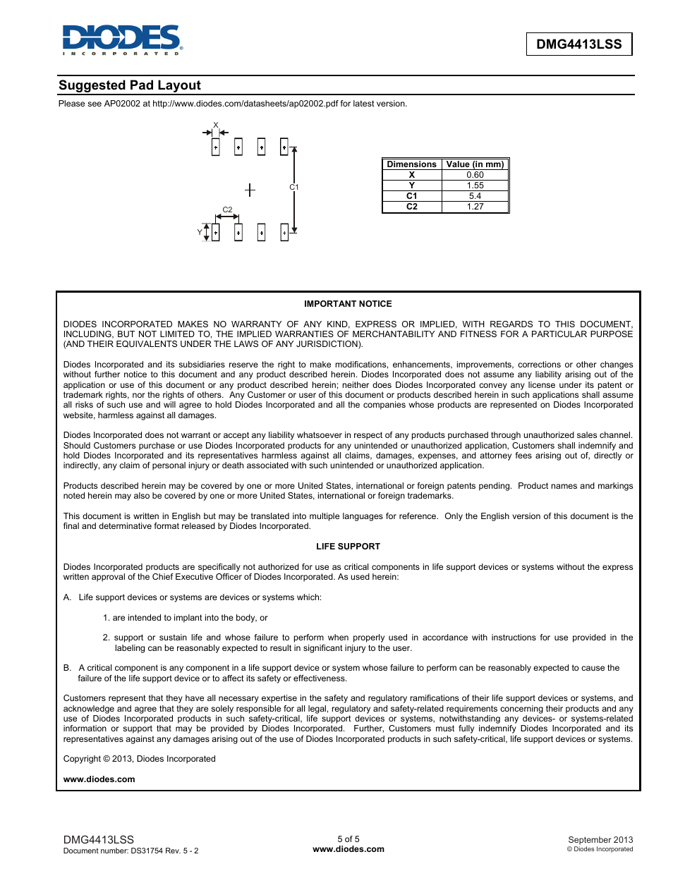 Dmg4413lss new prod uc t, Suggested pad layout | Diodes DMG4413LSS User Manual | Page 5 / 5
