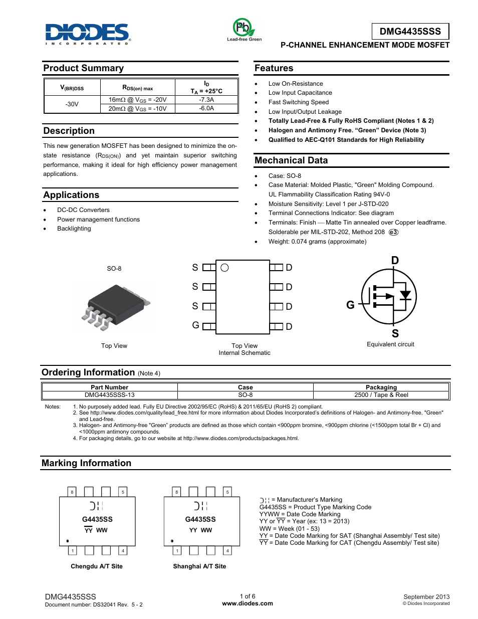 Diodes DMG4435SSS User Manual | 6 pages