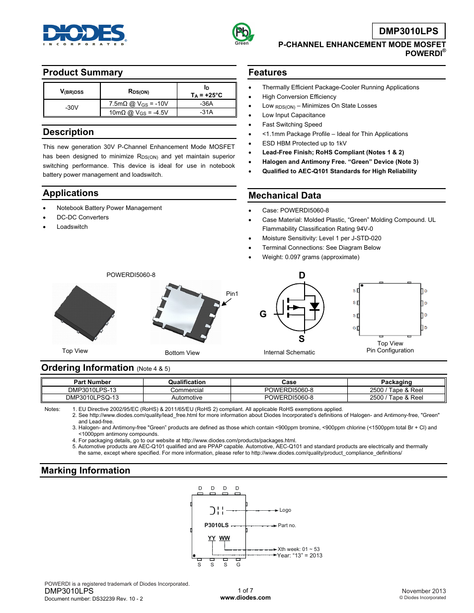 Diodes DMP3010LPS User Manual | 7 pages