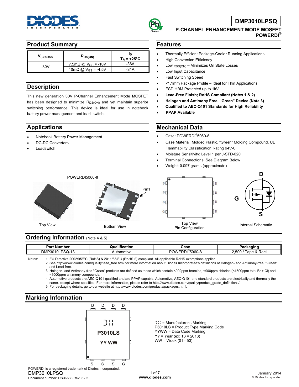 Diodes DMP3010LPSQ User Manual | 7 pages