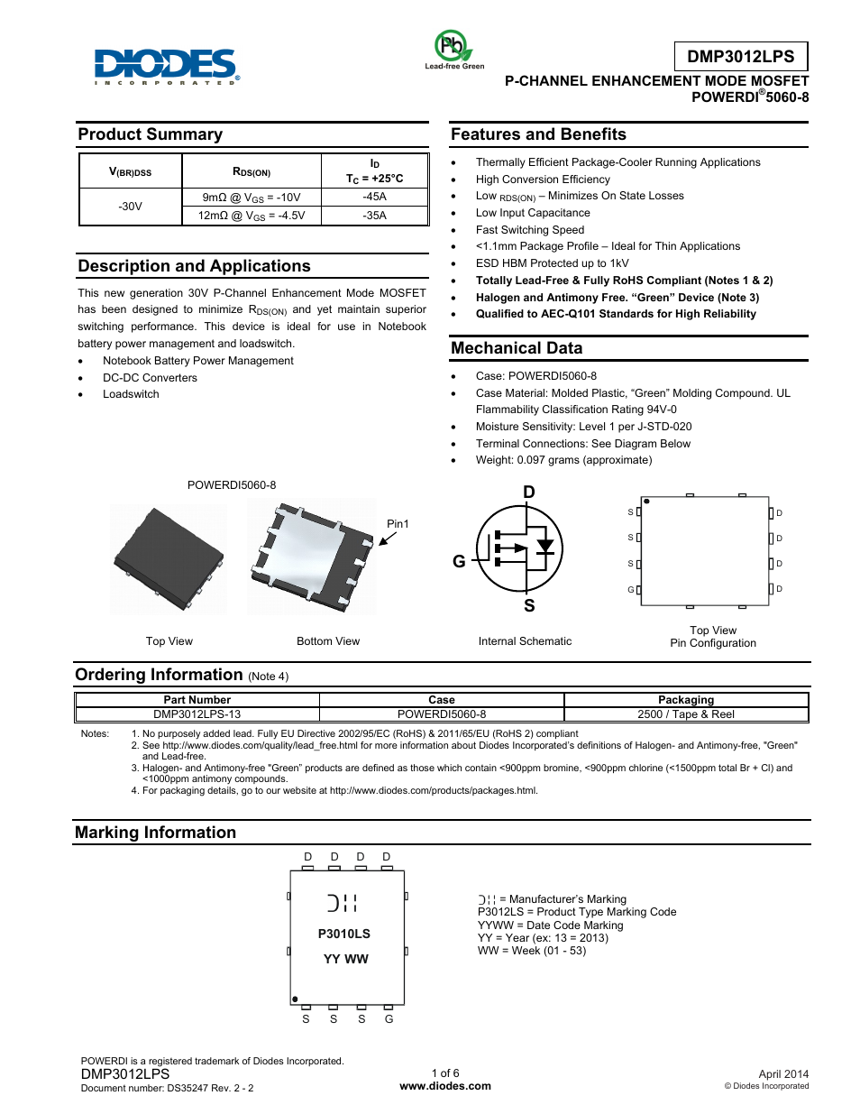 Diodes DMP3012LPS User Manual | 6 pages
