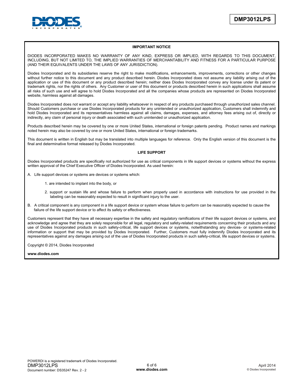 Dmp3012lps | Diodes DMP3012LPS User Manual | Page 6 / 6