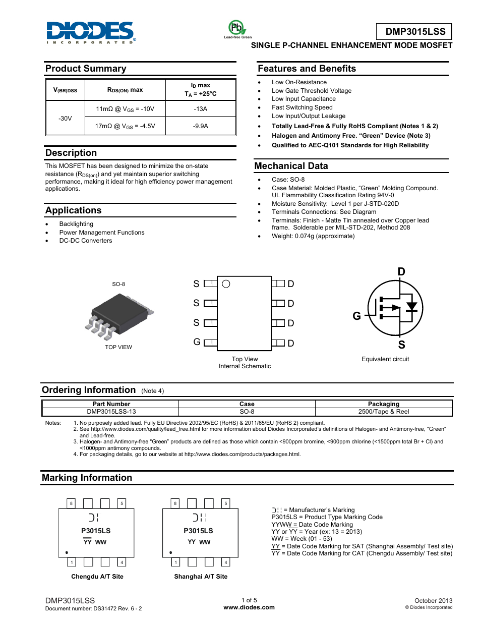 Diodes DMP3015LSS User Manual | 5 pages
