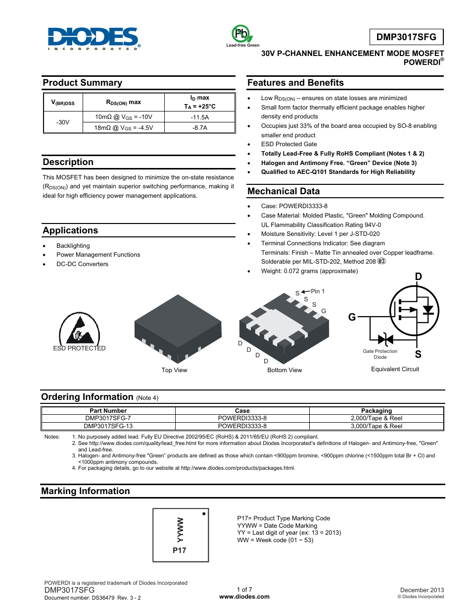 Diodes DMP3017SFG User Manual | 7 pages