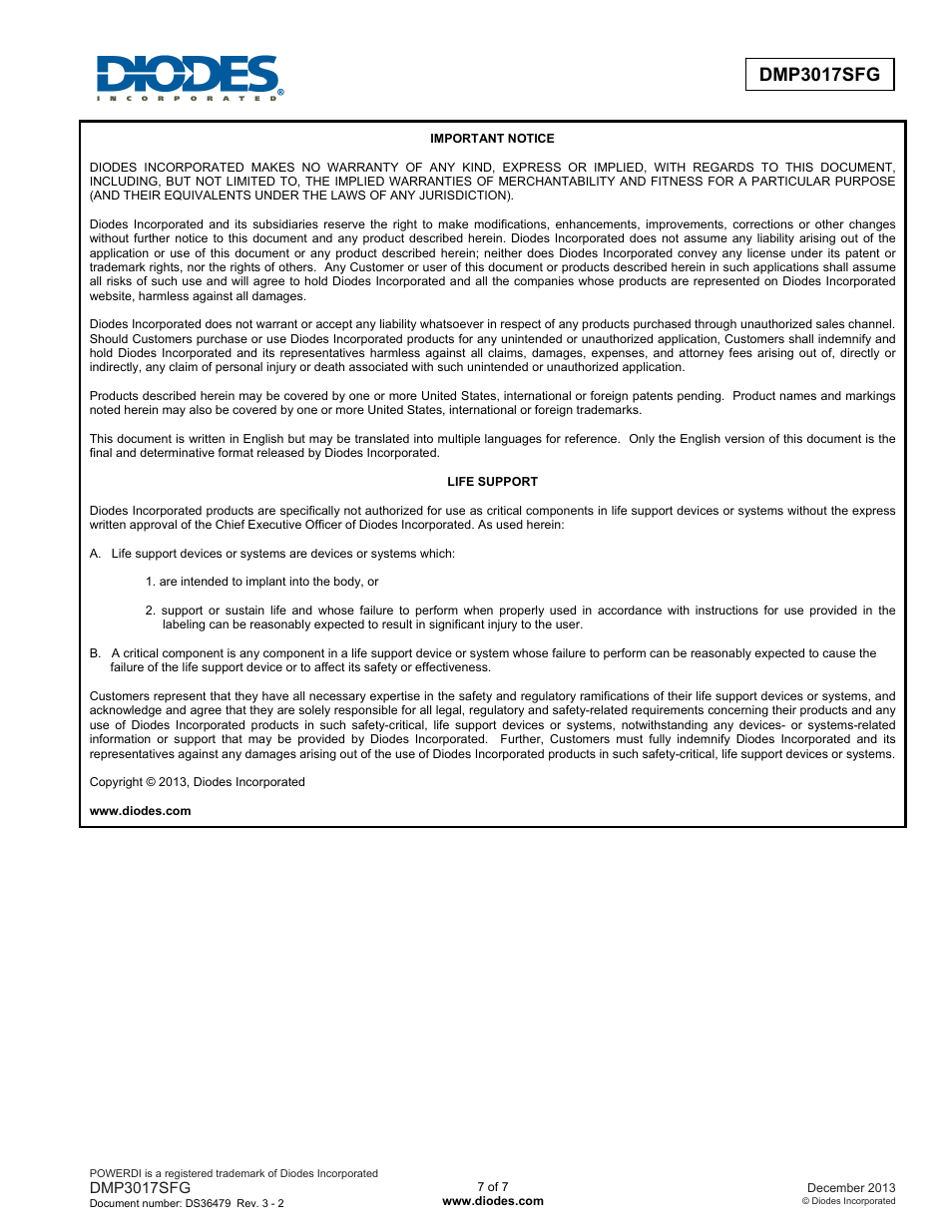 Diodes DMP3017SFG User Manual | Page 7 / 7