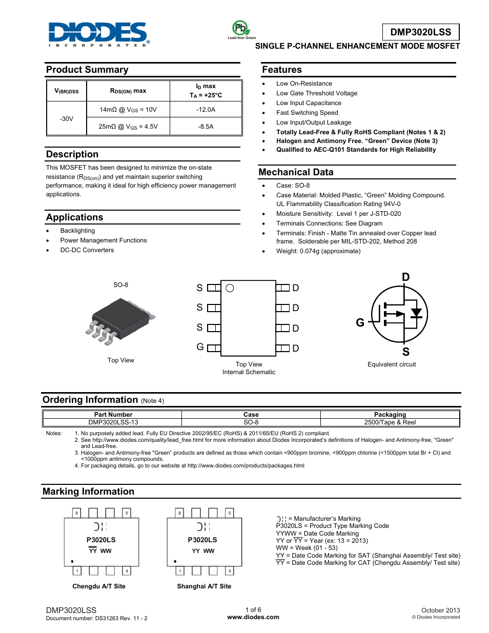 Diodes DMP3020LSS User Manual | 6 pages