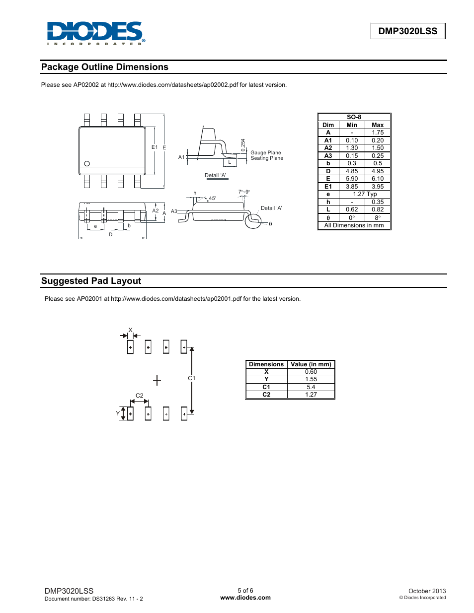 Dmp3020lss new prod uc t, Package outline dimensions, Suggested pad layout | Diodes DMP3020LSS User Manual | Page 5 / 6