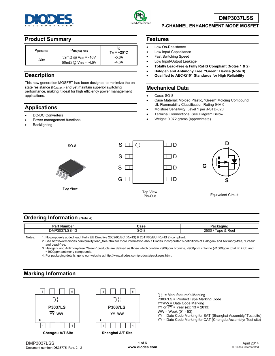 Diodes DMP3037LSS User Manual | 6 pages