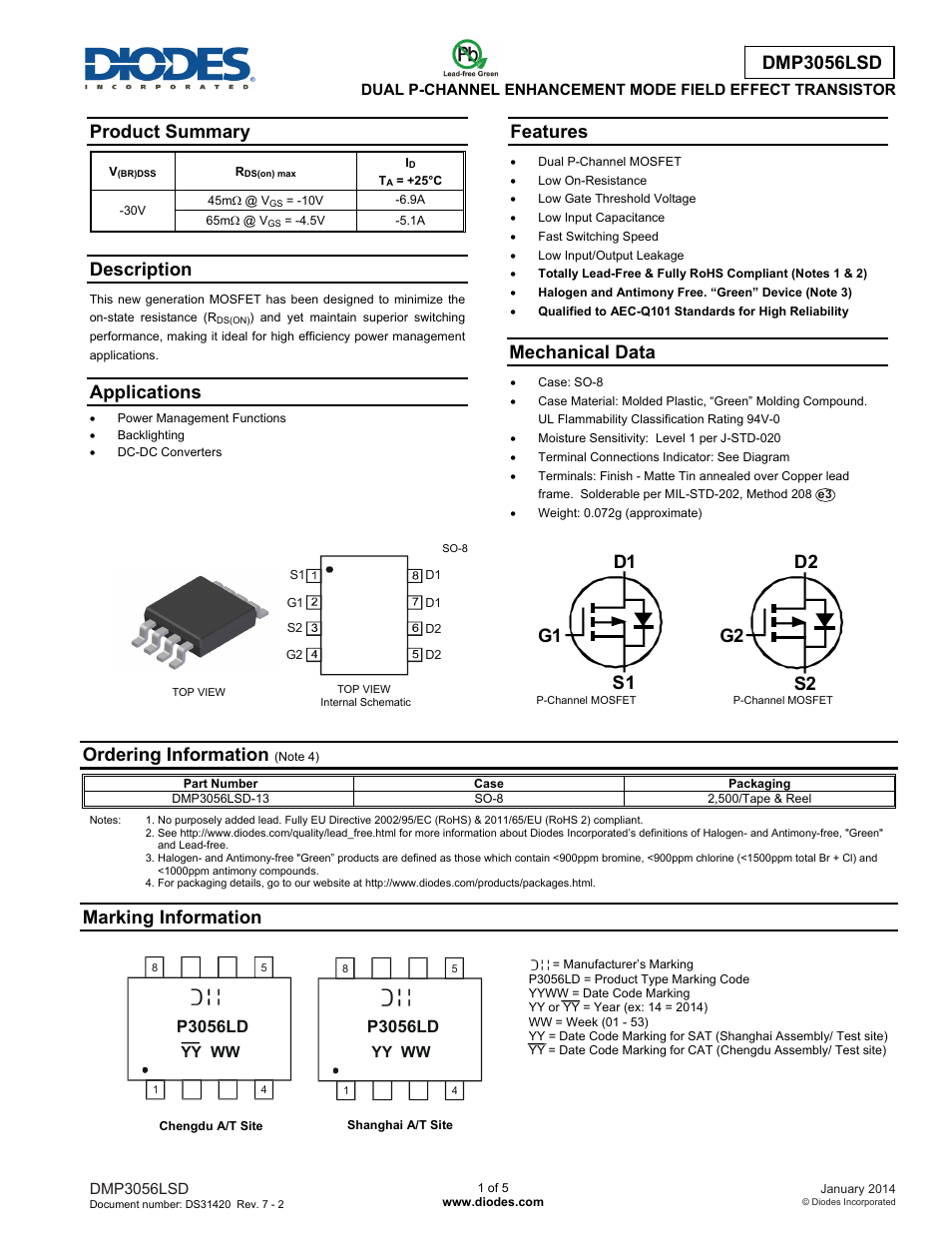Diodes DMP3056LSD User Manual | 5 pages