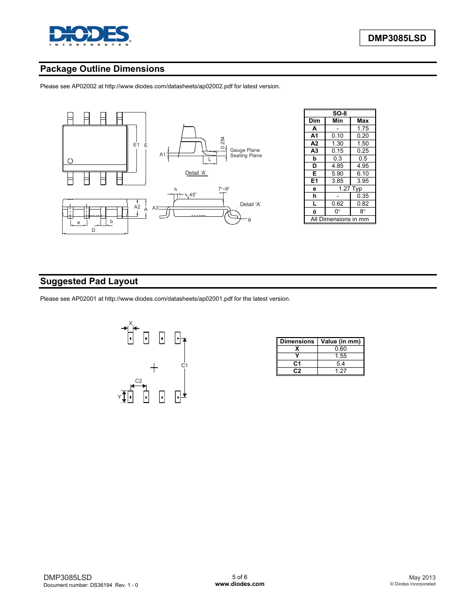 Dmp3085lsd, Package outline dimensions, Suggested pad layout | Diodes DMP3085LSD User Manual | Page 5 / 6