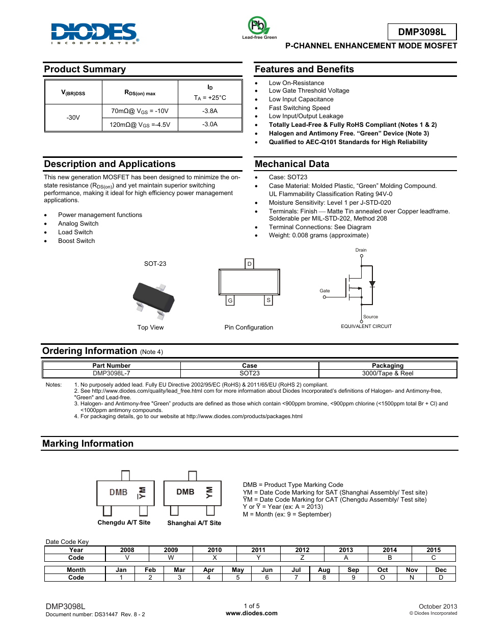 Diodes DMP3098L User Manual | 5 pages