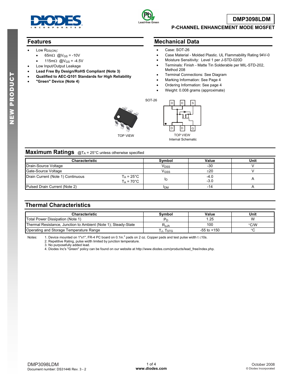 Diodes DMP3098LDM User Manual | 4 pages