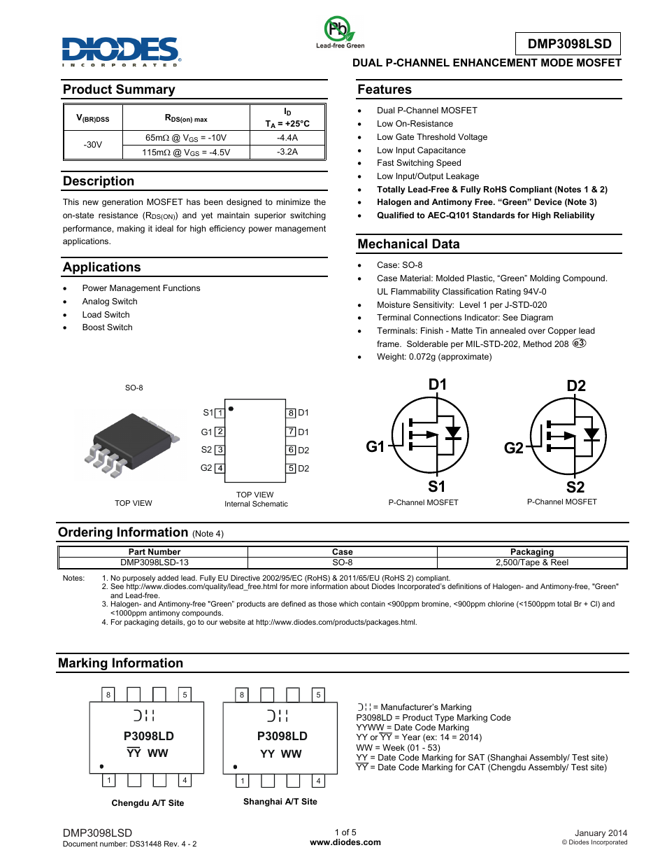 Diodes DMP3098LSD User Manual | 5 pages