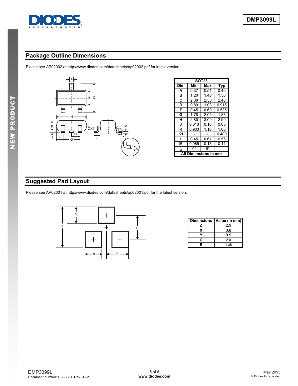 Dmp3099l new prod uc t, Package outline dimensions, Suggested pad layout | Diodes DMP3099L User Manual | Page 5 / 6