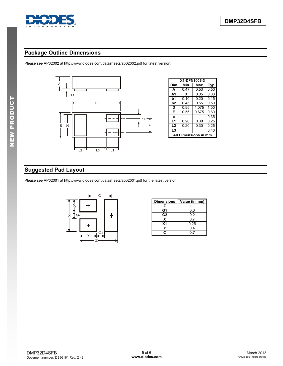 Package outline dimensions, Suggested pad layout | Diodes DMP32D4SFB User Manual | Page 5 / 6