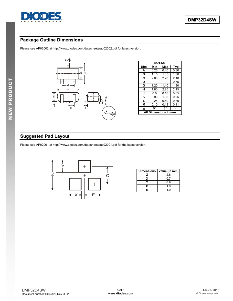 Package outline dimensions, Suggested pad layout | Diodes DMP32D4SW User Manual | Page 5 / 6