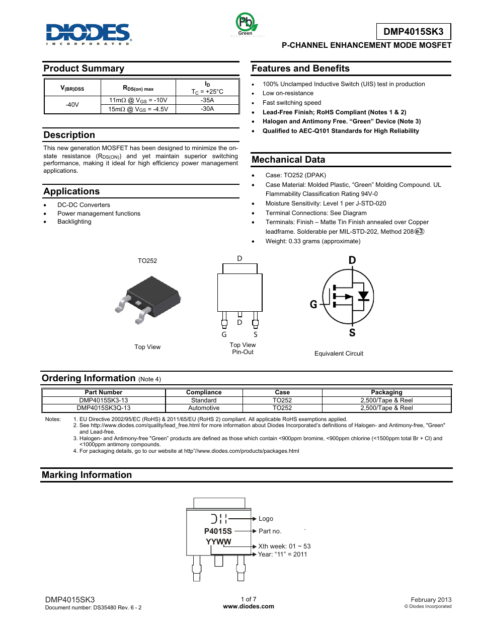 Diodes DMP4015SK3 User Manual | 7 pages