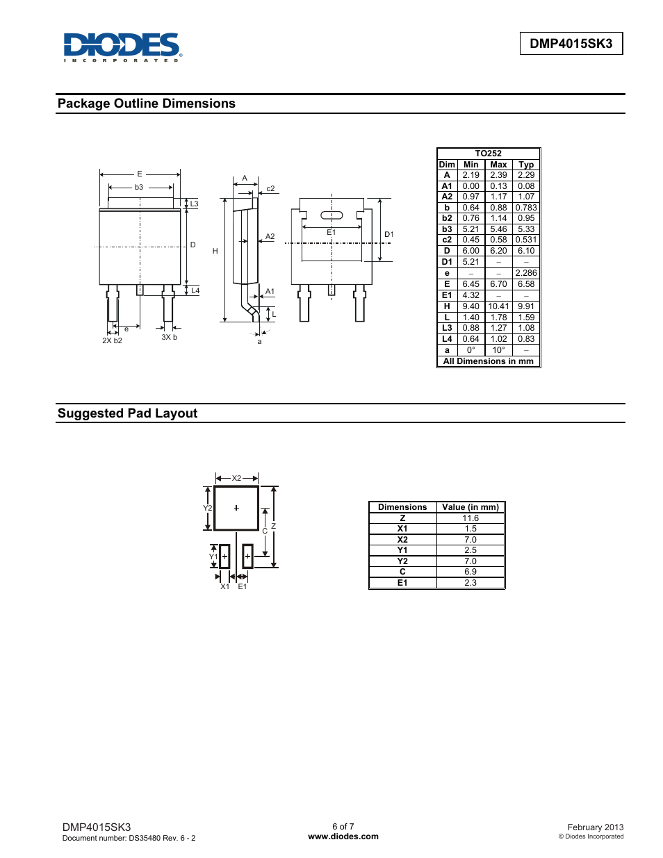 Package outline dimensions, Suggested pad layout | Diodes DMP4015SK3 User Manual | Page 6 / 7