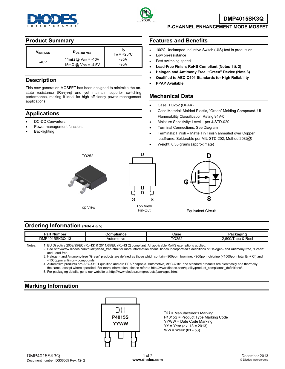 Diodes DMP4015SK3Q User Manual | 7 pages