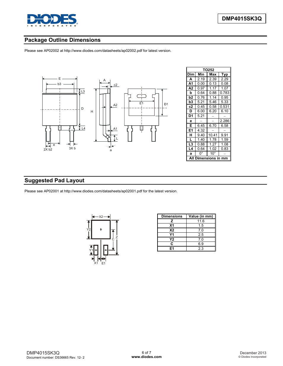 Package outline dimensions, Suggested pad layout | Diodes DMP4015SK3Q User Manual | Page 6 / 7
