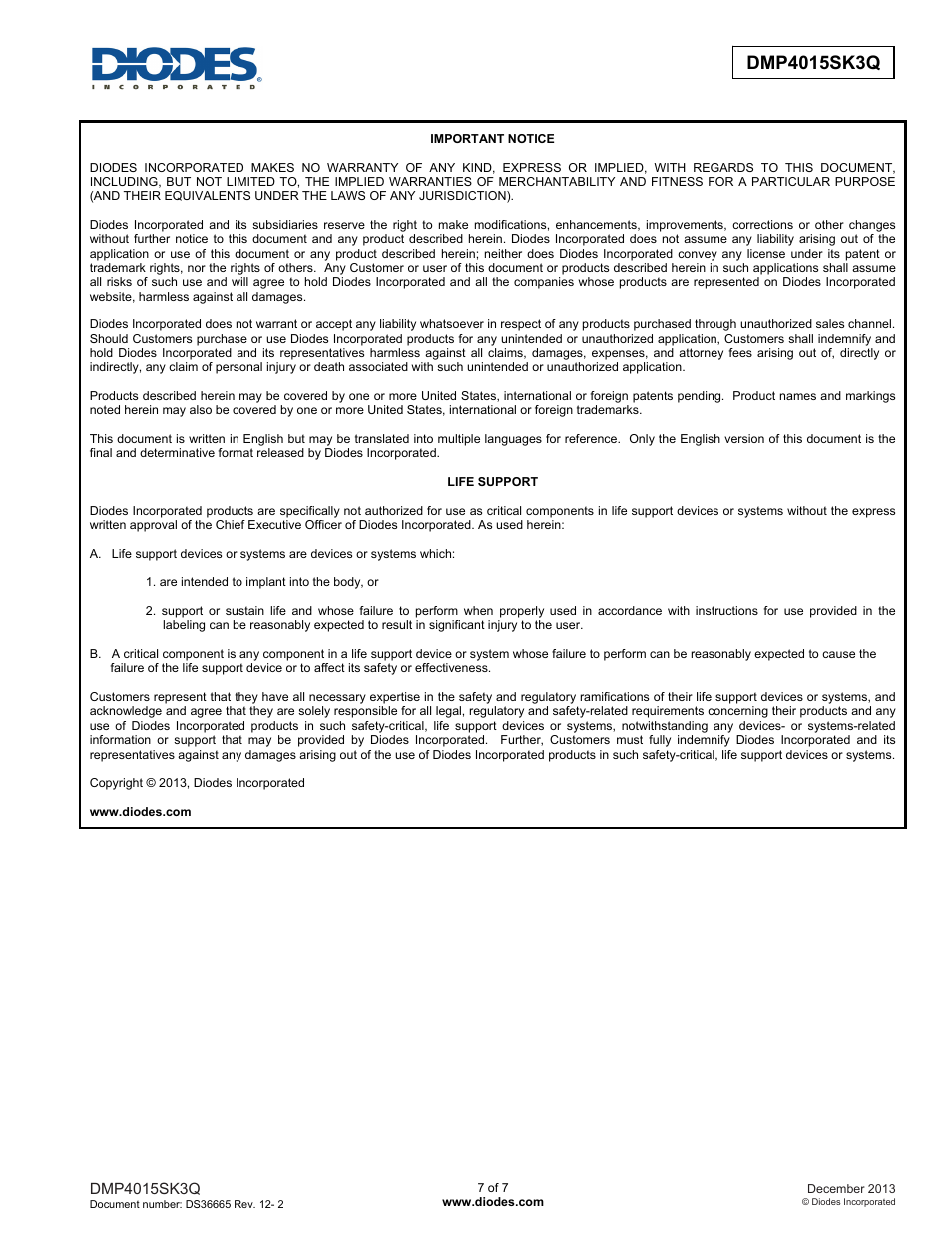 Diodes DMP4015SK3Q User Manual | Page 7 / 7