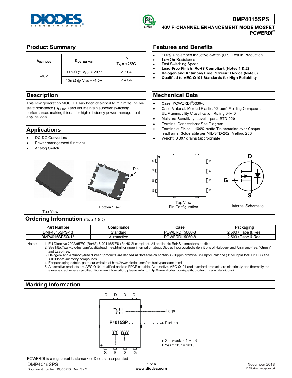 Diodes DMP4015SPS User Manual | 6 pages