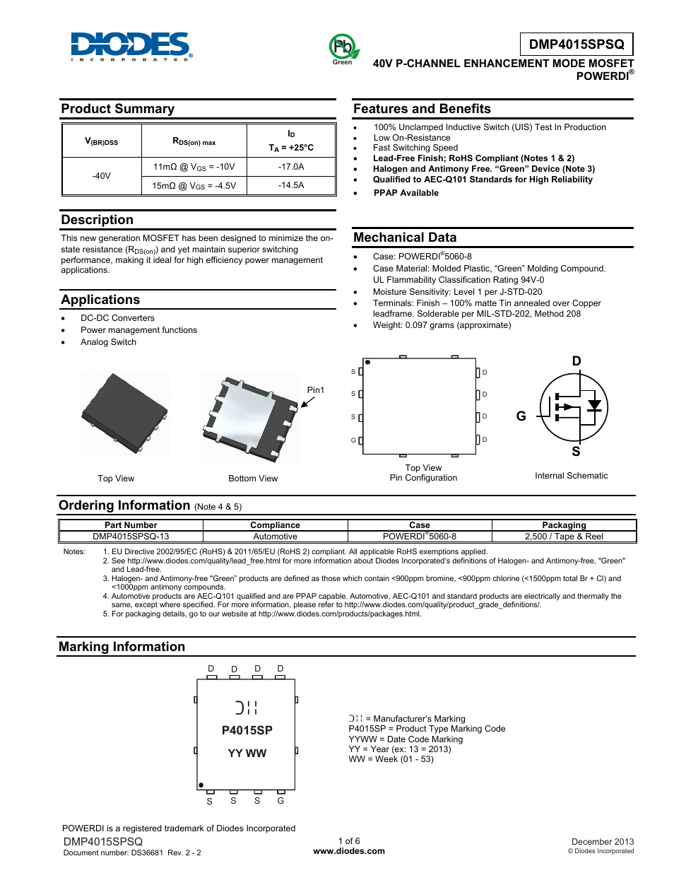 Diodes DMP4015SPSQ User Manual | 6 pages