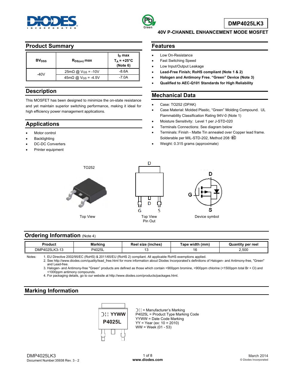 Diodes DMP4025LK3 User Manual | 8 pages