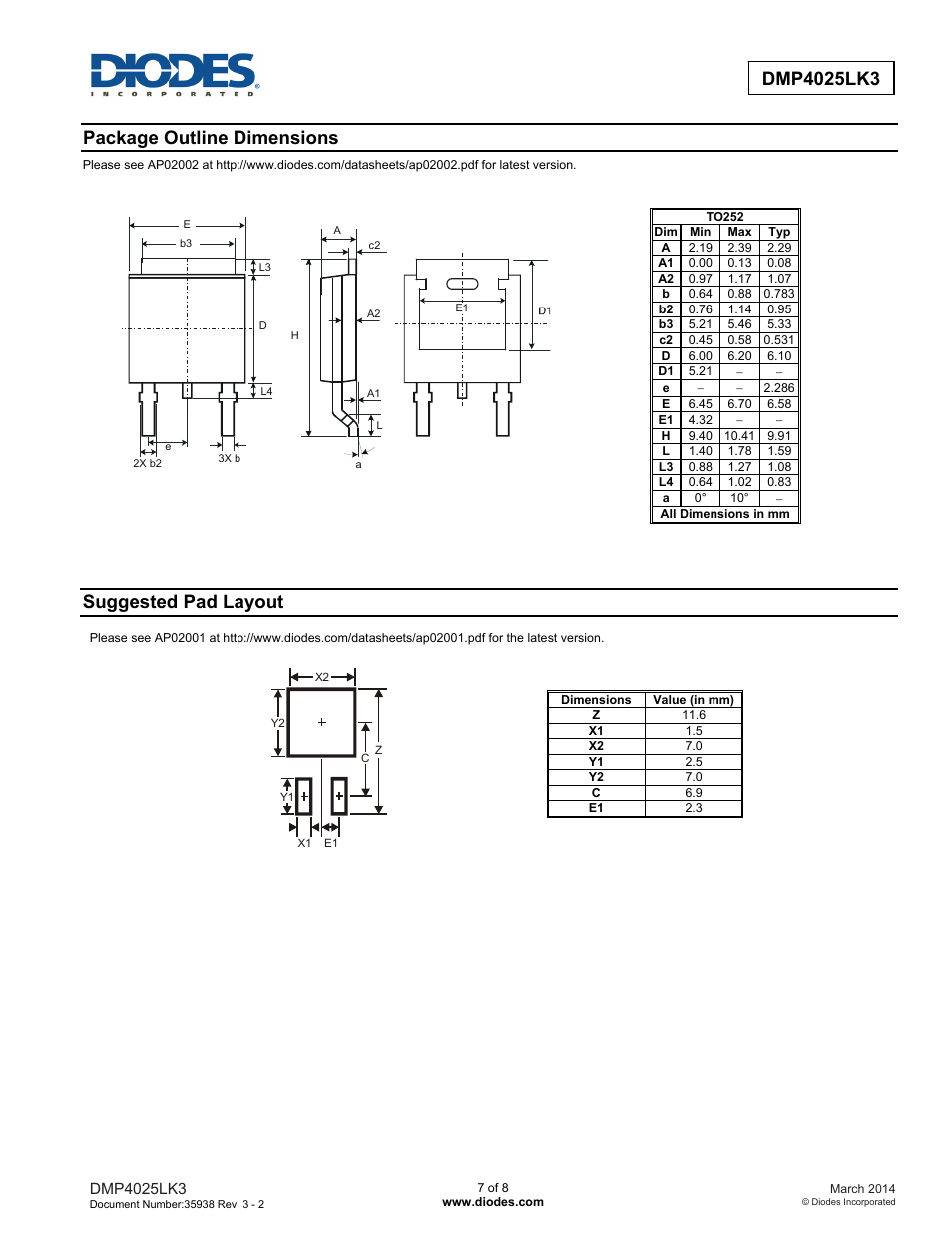 Package outline dimensions, Suggested pad layout | Diodes DMP4025LK3 User Manual | Page 7 / 8