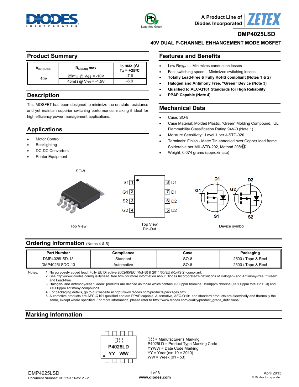 Diodes DMP4025LSD User Manual | 8 pages