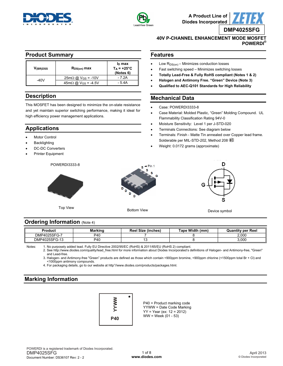 Diodes DMP4025SFG User Manual | 8 pages