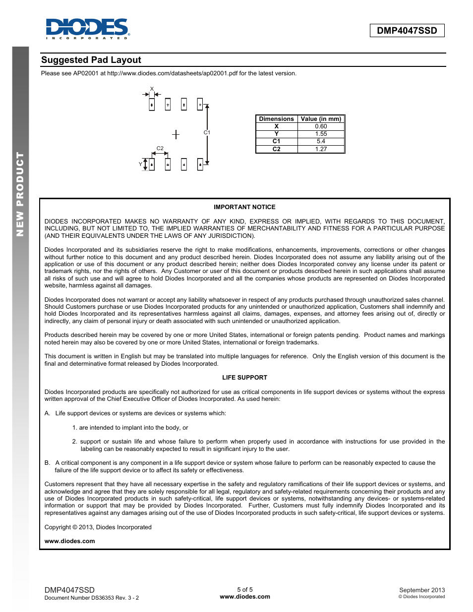 Dmp4047ssd new prod uc t new prod uc t, Suggested pad layout | Diodes DMP4047SSD User Manual | Page 5 / 5