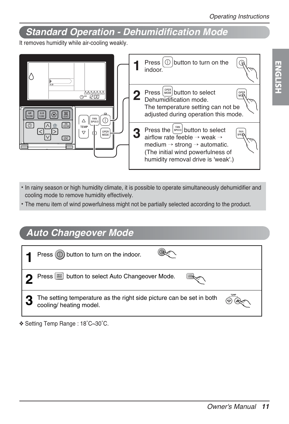 Auto changeover mode, Standard operation - dehumidification mode | LG AMNH12GTRA0 User Manual | Page 11 / 39