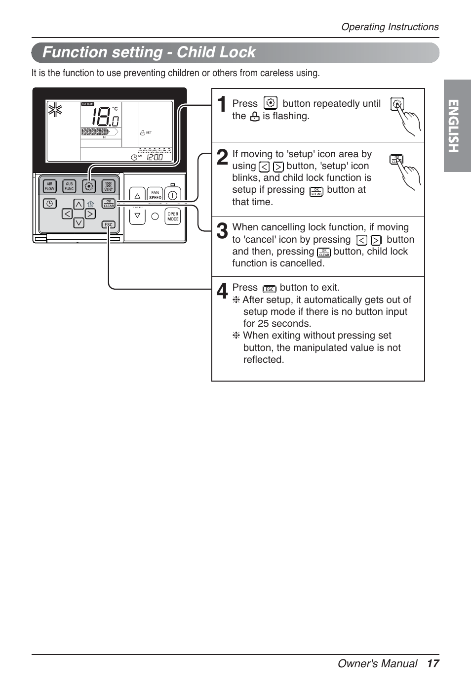 Function setting - child lock | LG AMNH12GTRA0 User Manual | Page 17 / 39