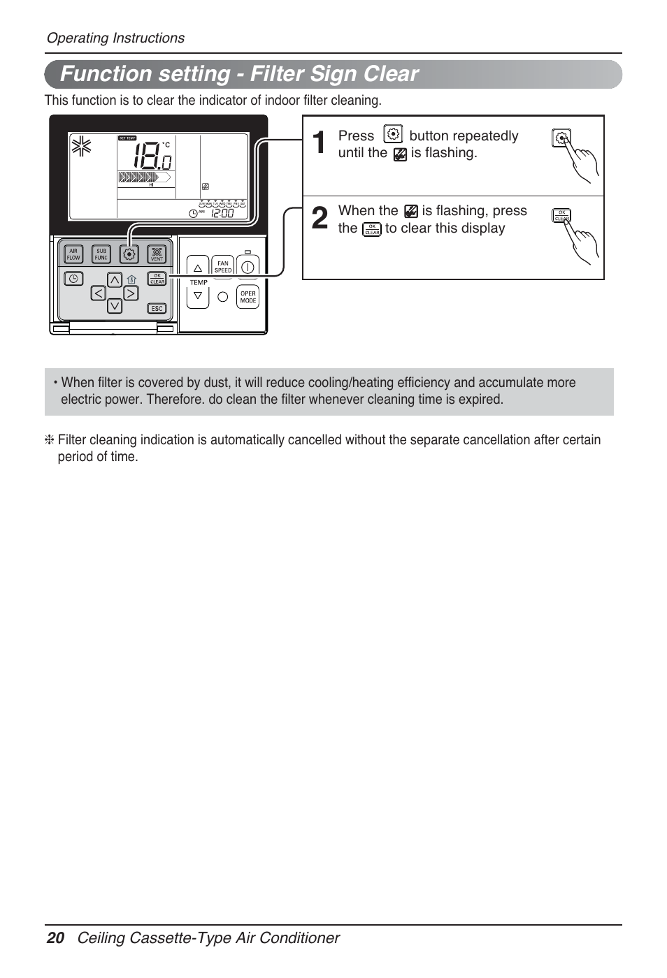 Function setting - filter sign clear | LG AMNH12GTRA0 User Manual | Page 20 / 39