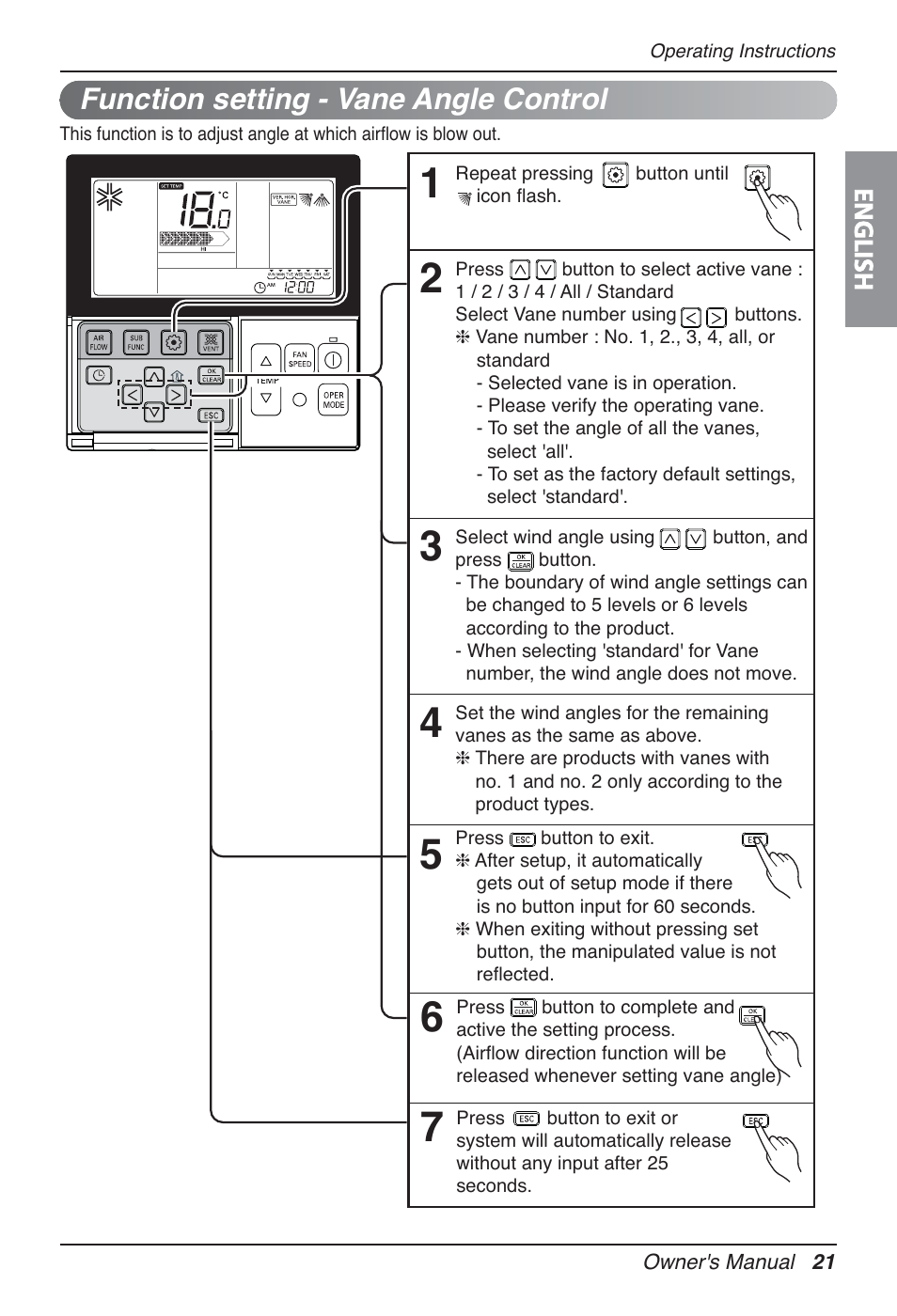 Function setting - vane angle control | LG AMNH12GTRA0 User Manual | Page 21 / 39