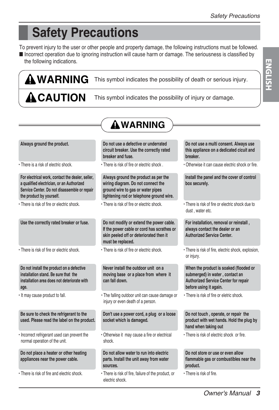 Safety precautions, Warning caution, Warning | English | LG AMNH12GTRA0 User Manual | Page 3 / 39