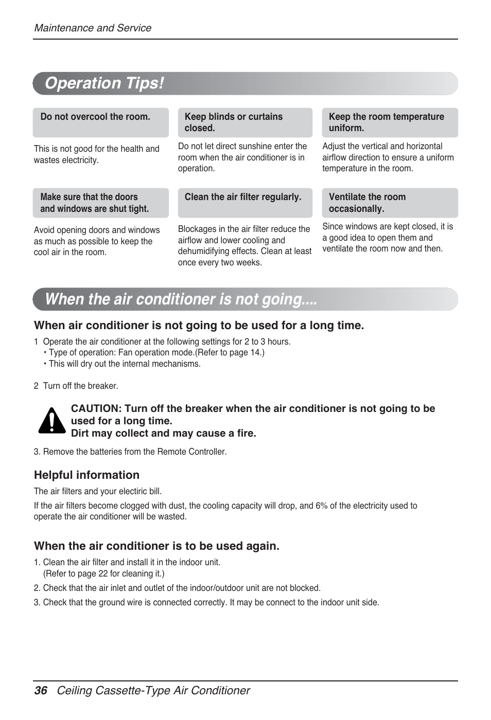 When the air conditioner is not going, Operation tips, English | LG AMNH12GTRA0 User Manual | Page 36 / 39