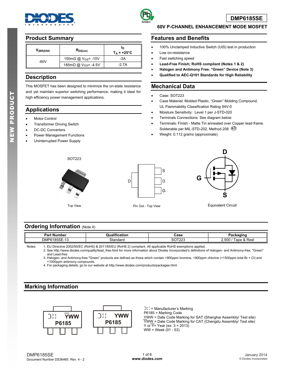 Diodes DMP6185SE User Manual | 6 pages
