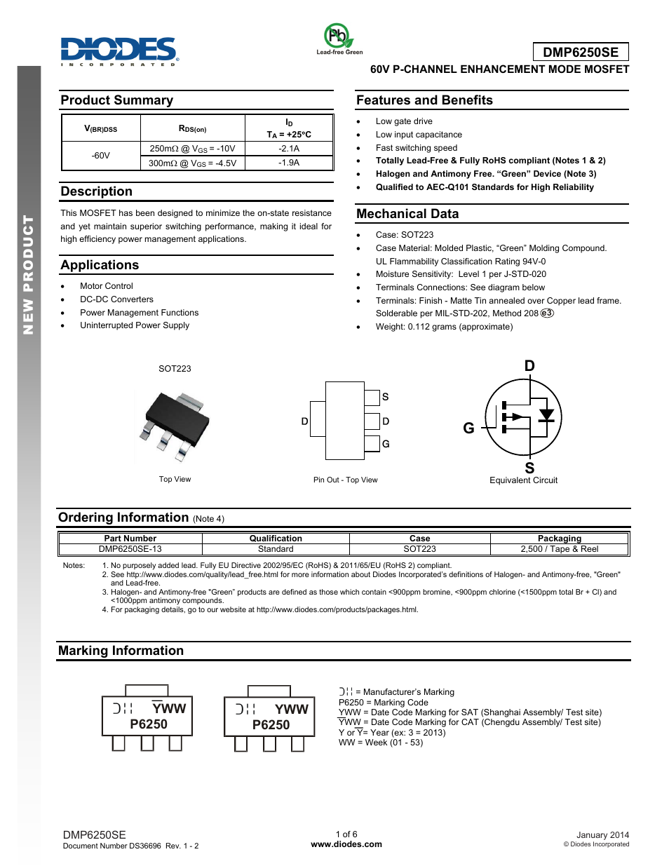 Diodes DMP6250SE User Manual | 6 pages