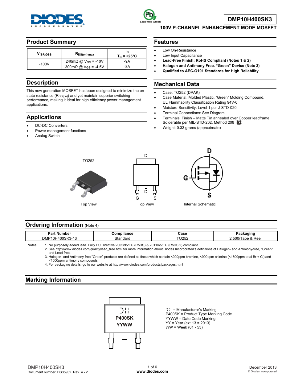 Diodes DMP10H400SK3 User Manual | 6 pages