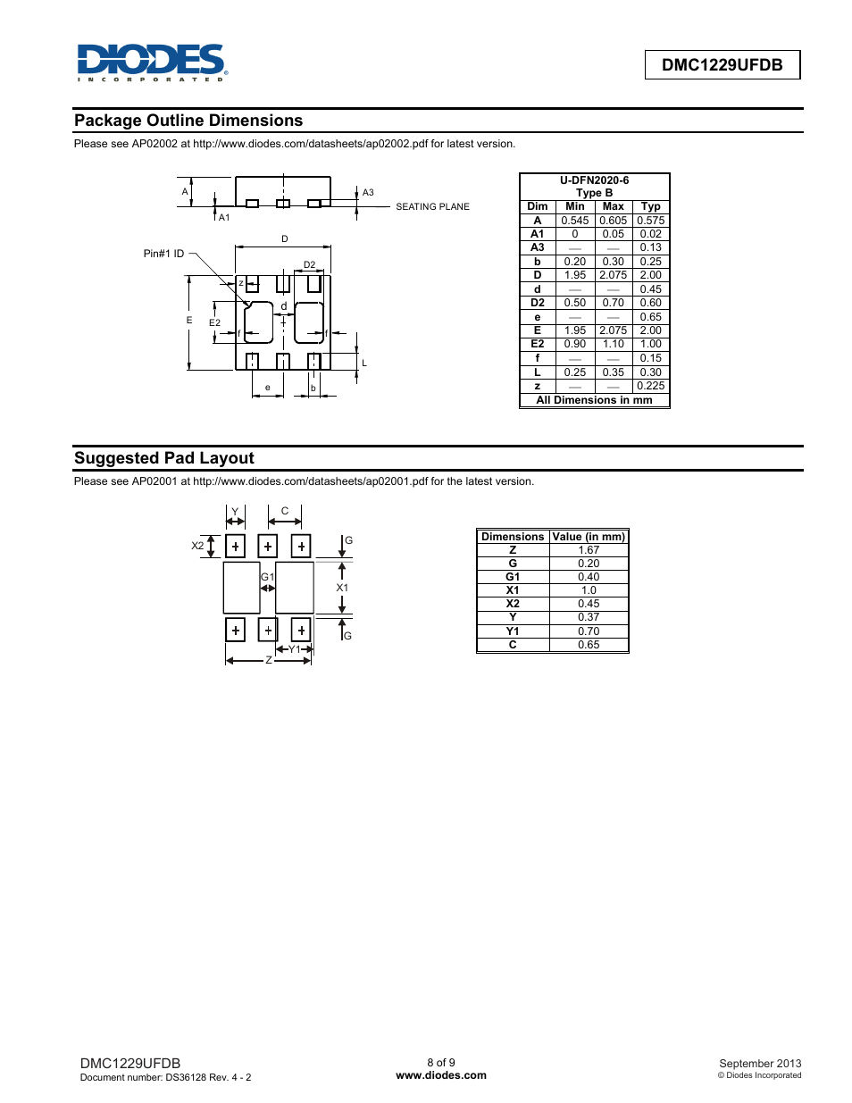 Dmc1229ufdb, Package outline dimensions, Suggested pad layout | Diodes DMC1229UFDB User Manual | Page 8 / 9