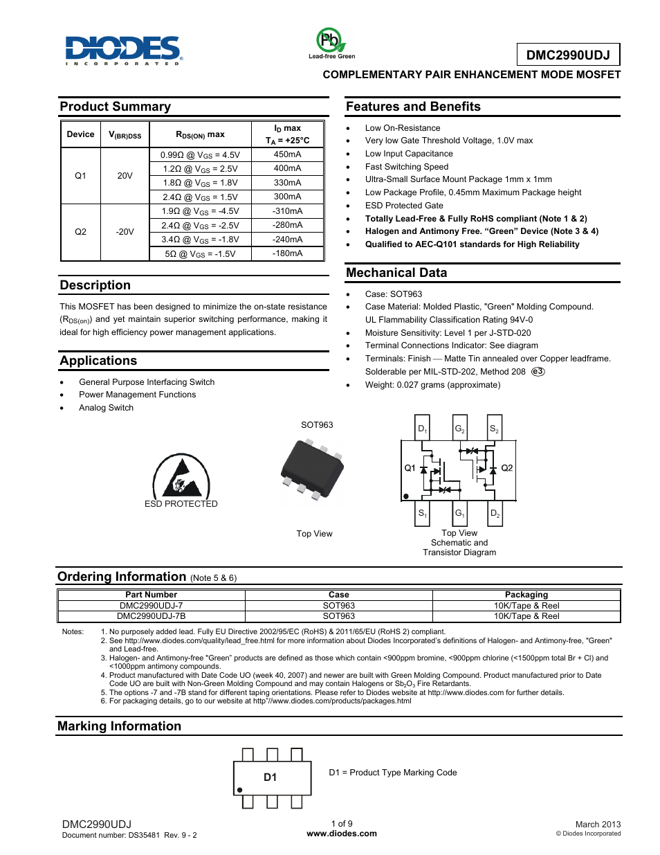 Diodes DMC2990UDJ User Manual | 9 pages
