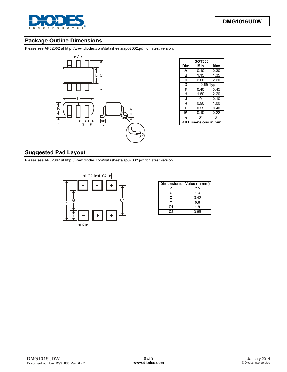 Dmg1016udw new prod uc t, Package outline dimensions, Suggested pad layout | Diodes DMG1016UDW User Manual | Page 8 / 9