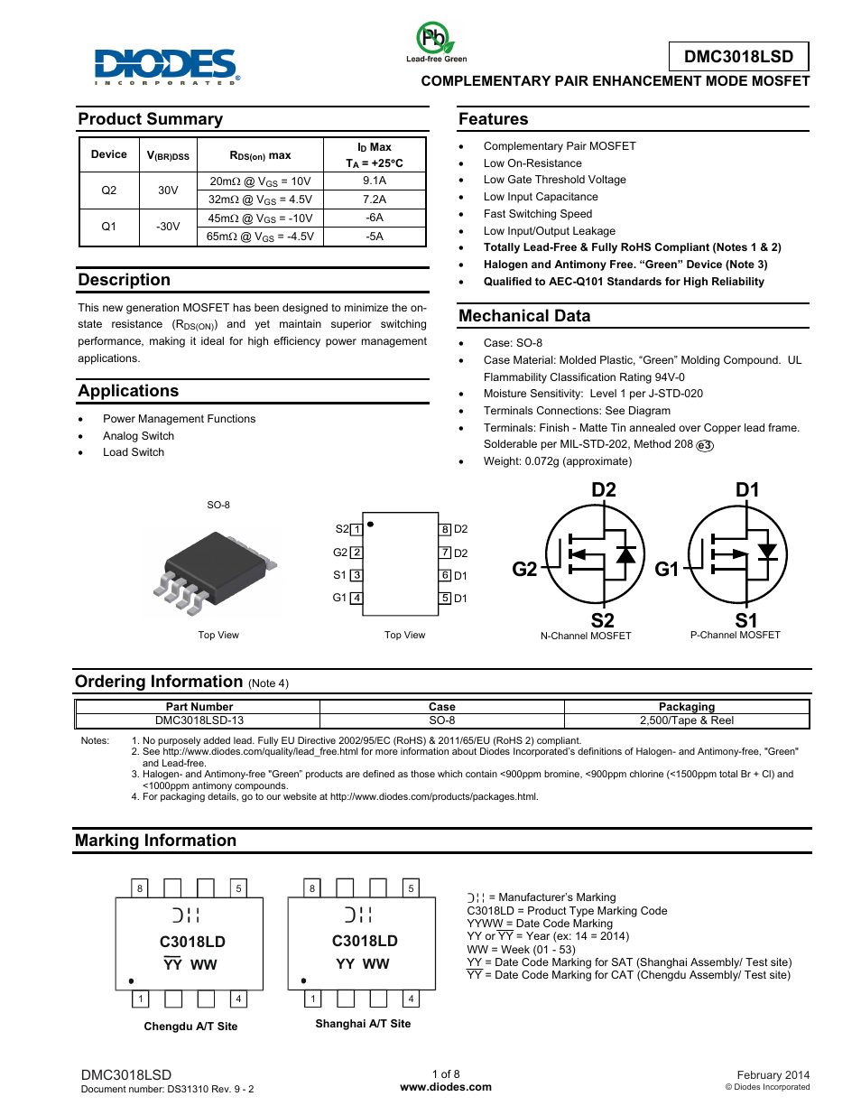 Diodes DMC3018LSD User Manual | 8 pages