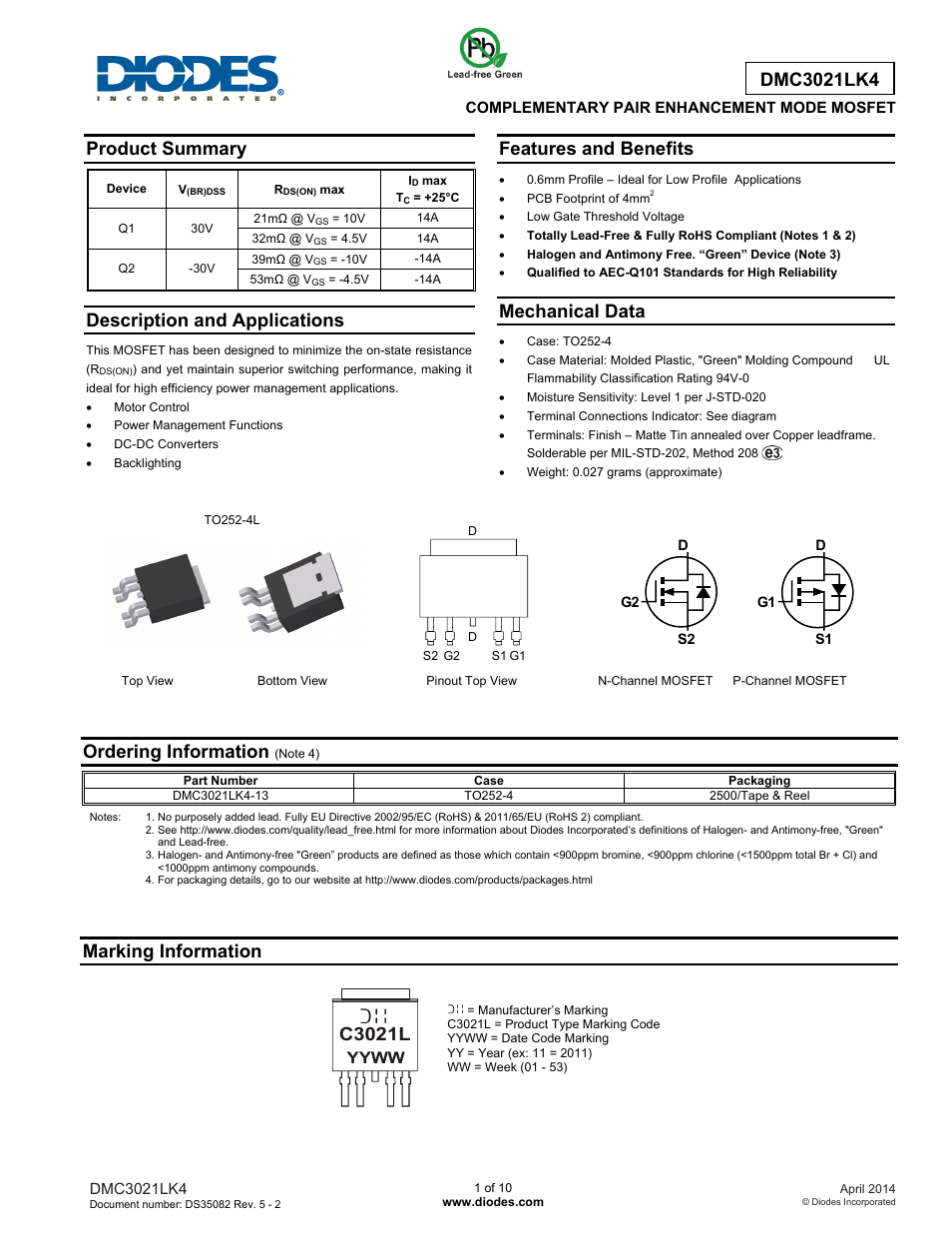 Diodes DMC3021LK4 User Manual | 10 pages