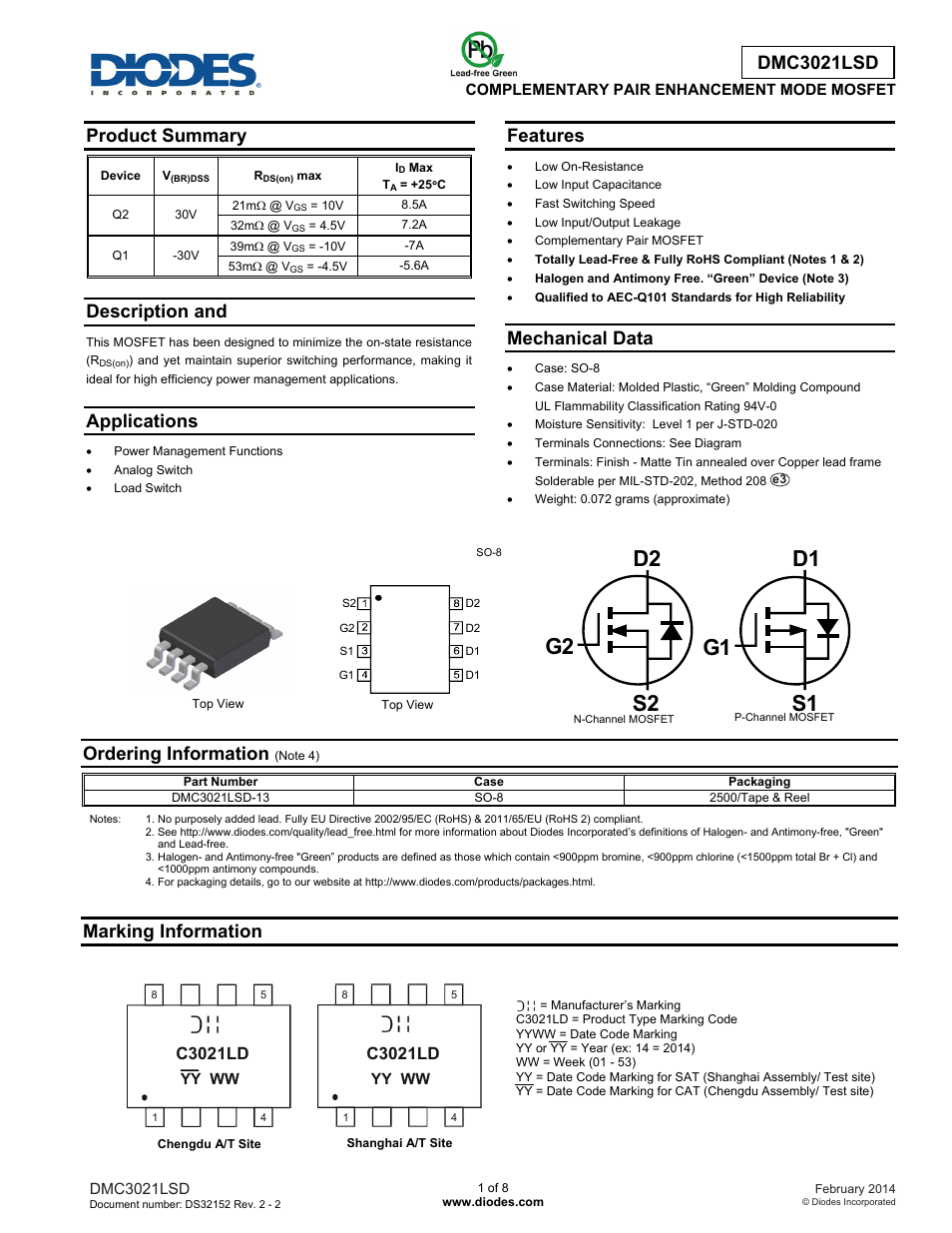 Diodes DMC3021LSD User Manual | 8 pages