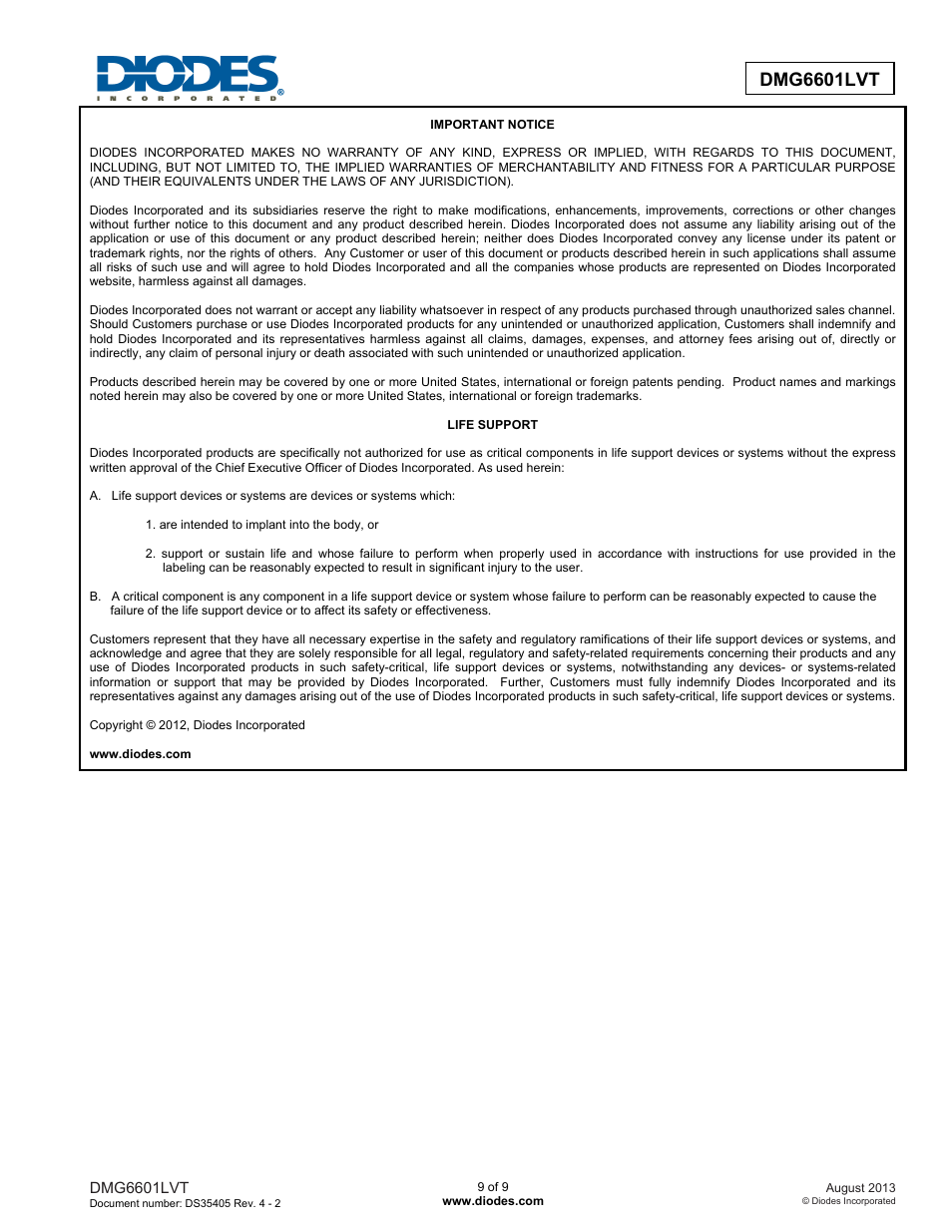 Dmg6601lvt advance informtion | Diodes DMG6601LVT User Manual | Page 9 / 9