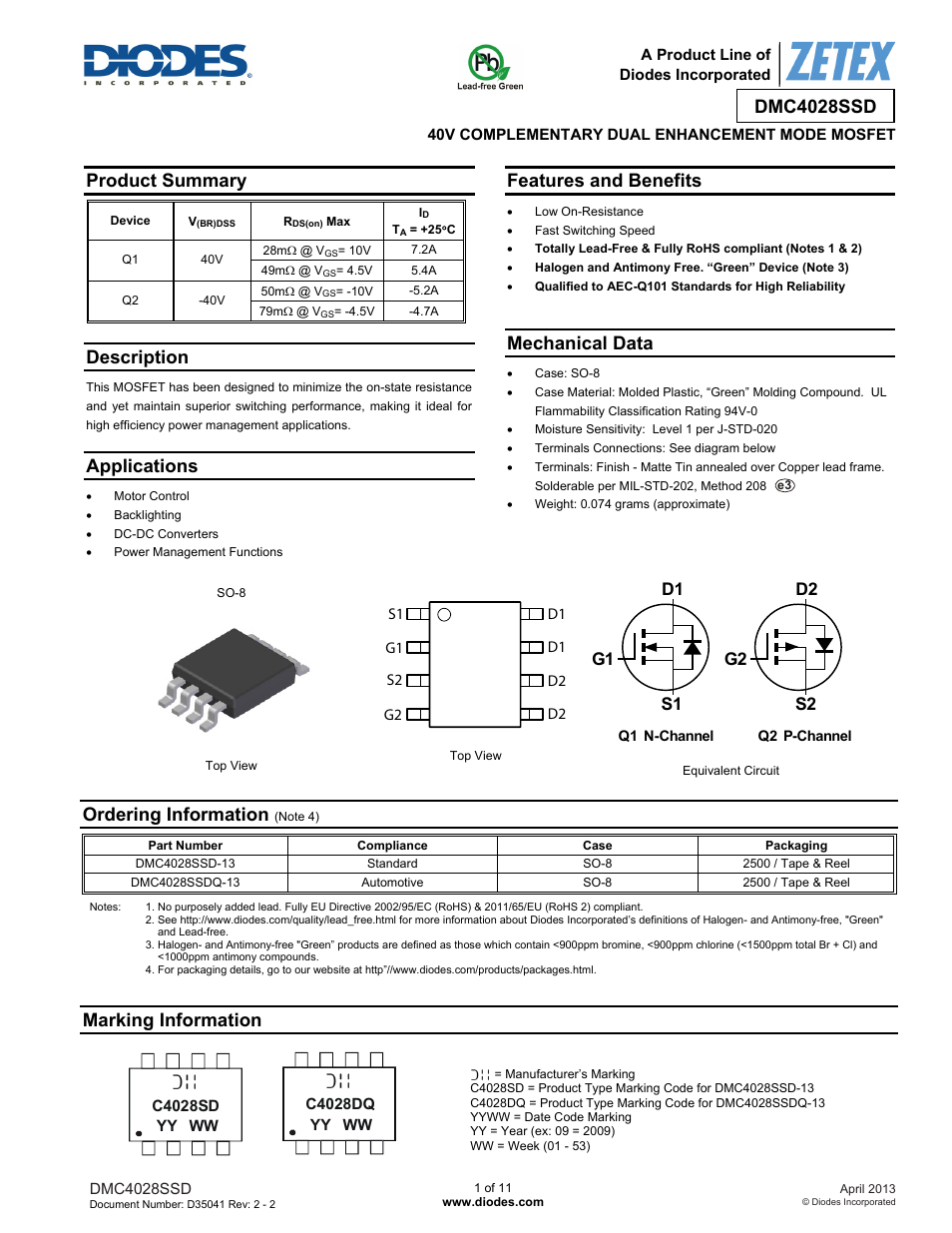 Diodes DMC4028SSD User Manual | 11 pages