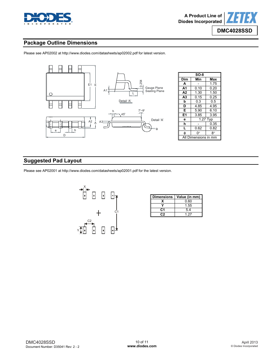 Dmc4028ssd, Package outline dimensions, Suggested pad layout | Diodes DMC4028SSD User Manual | Page 10 / 11